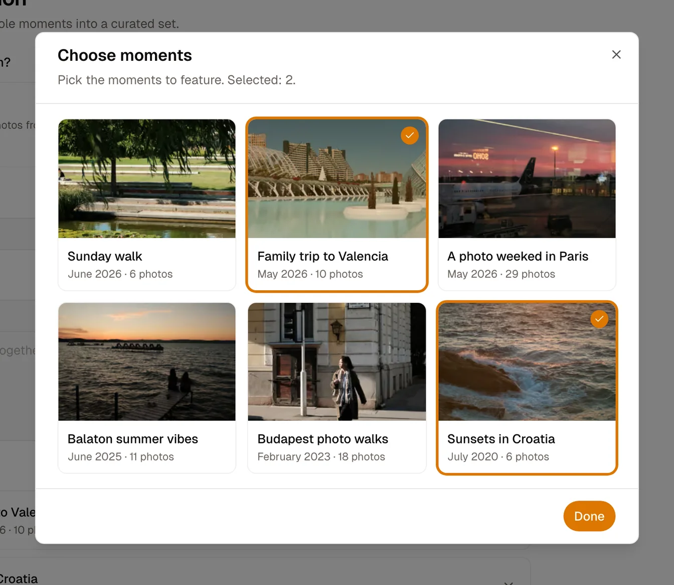 The moment picker while creating a collection, with two of six moments selected from a grid of cards