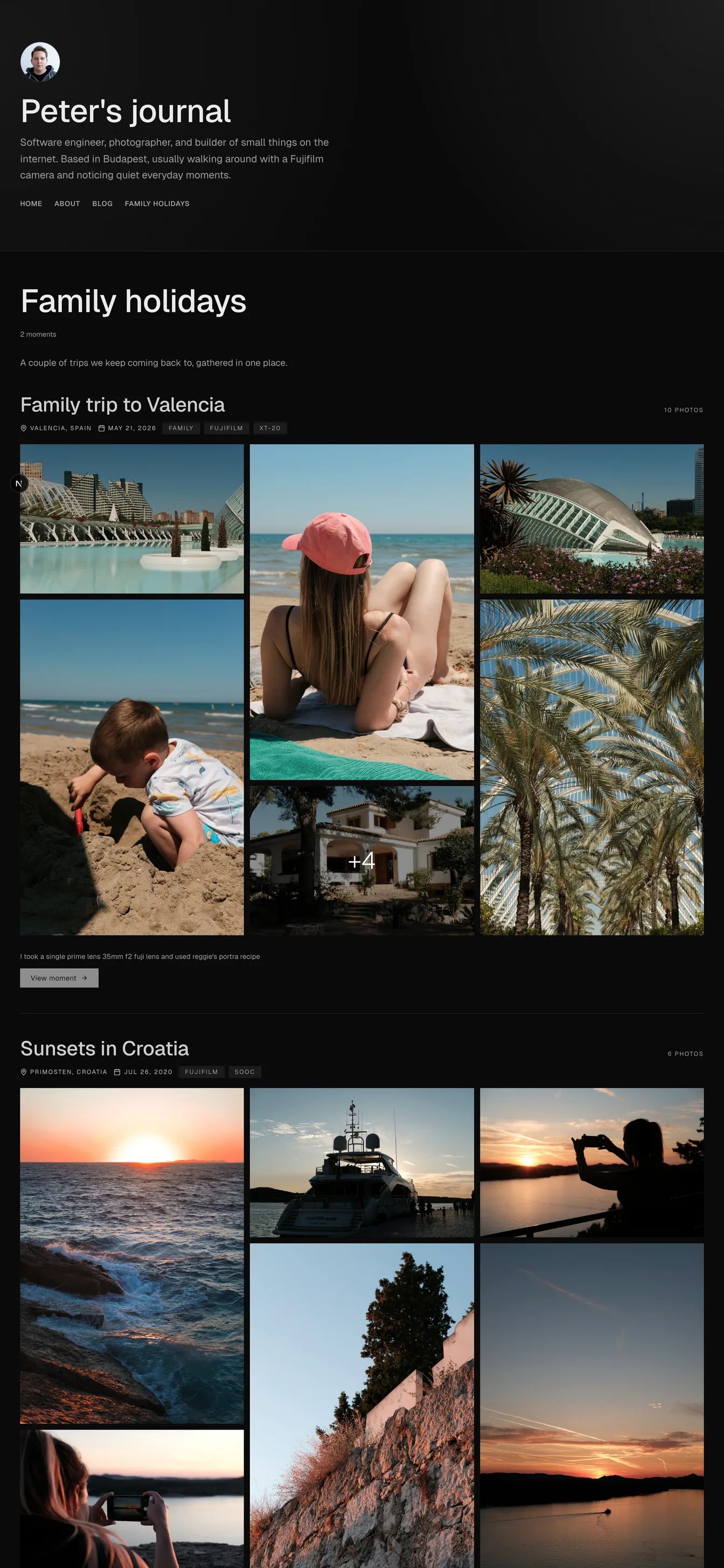 A published moment collection titled Family holidays, with two trips stacked one after another like a journal home page