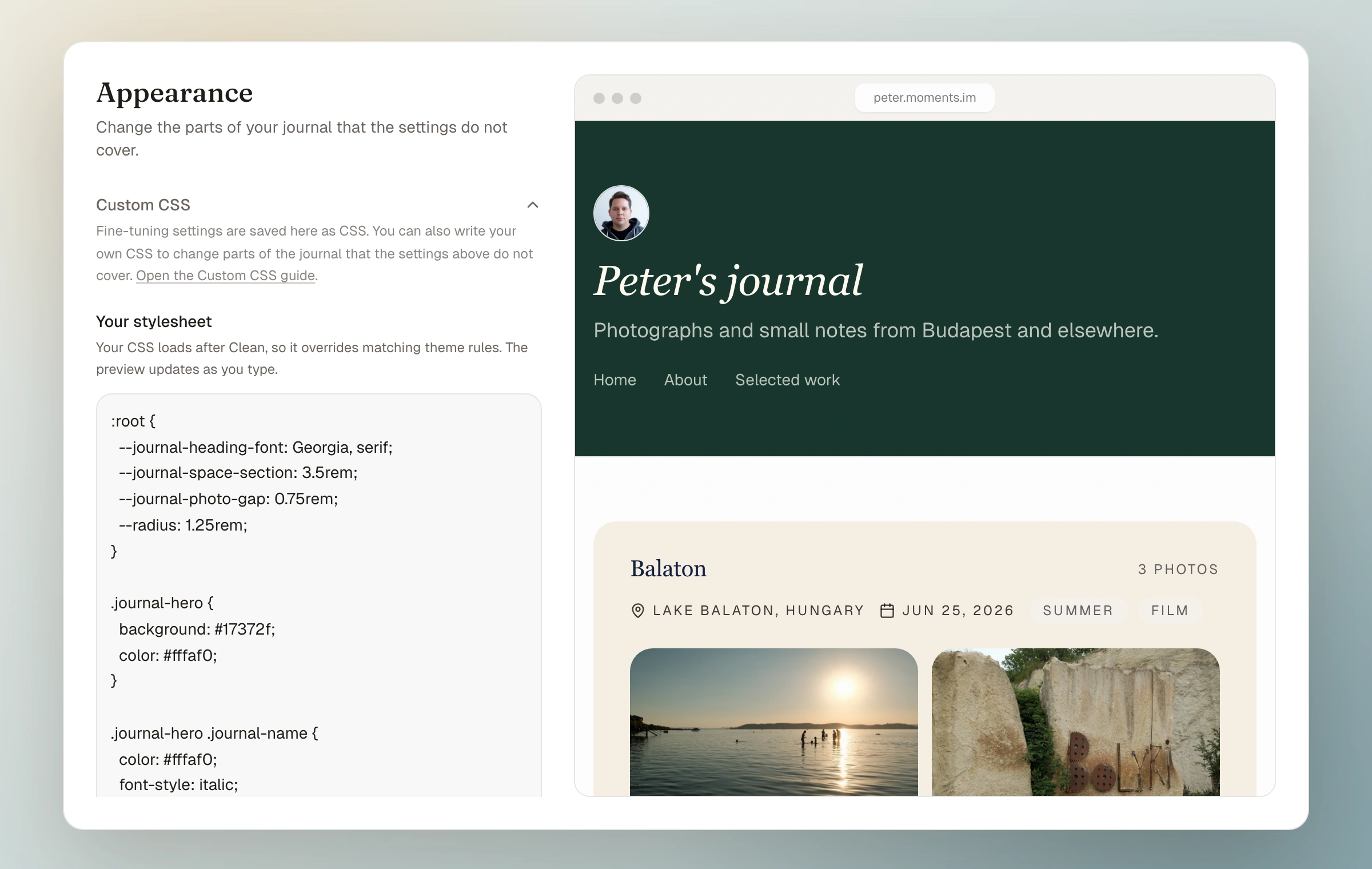 The Custom CSS editor beside a live preview of Peter's journal using a hand-written green and warm-paper style