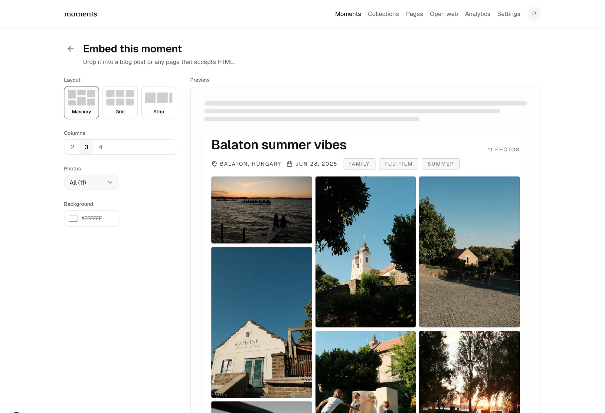The Embed this moment editor: layout, columns, photo count, and background color controls beside a live preview of a Balaton moment