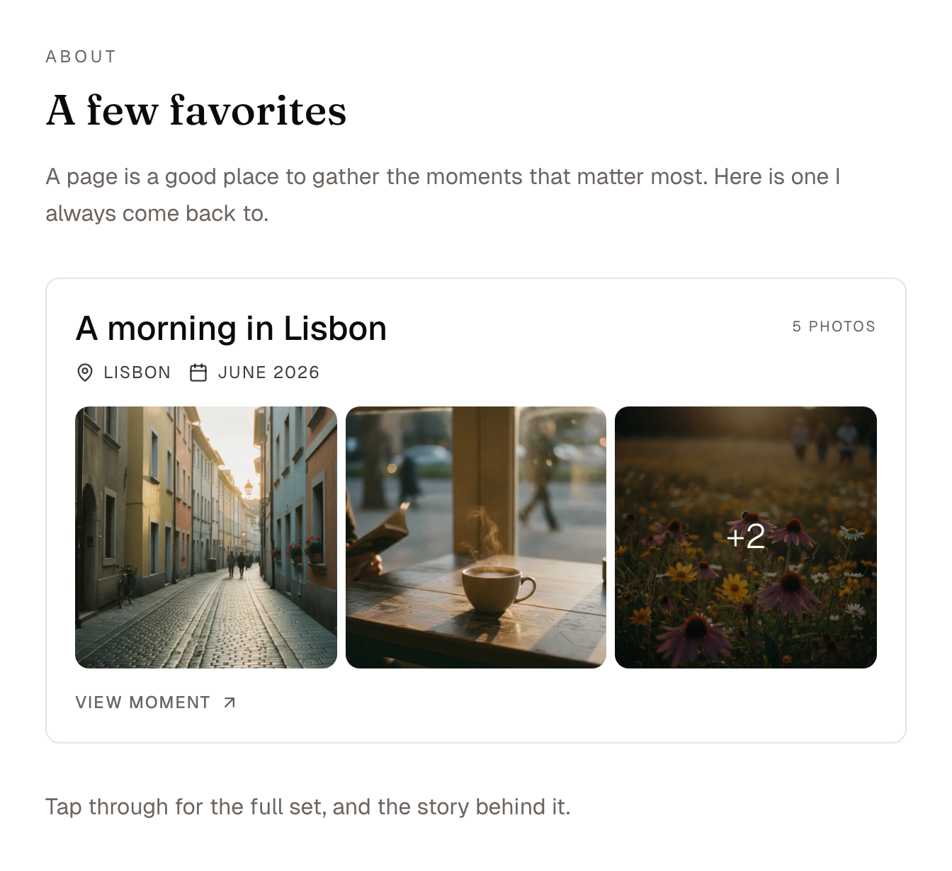 A page with a moment embedded as a card with a photo preview