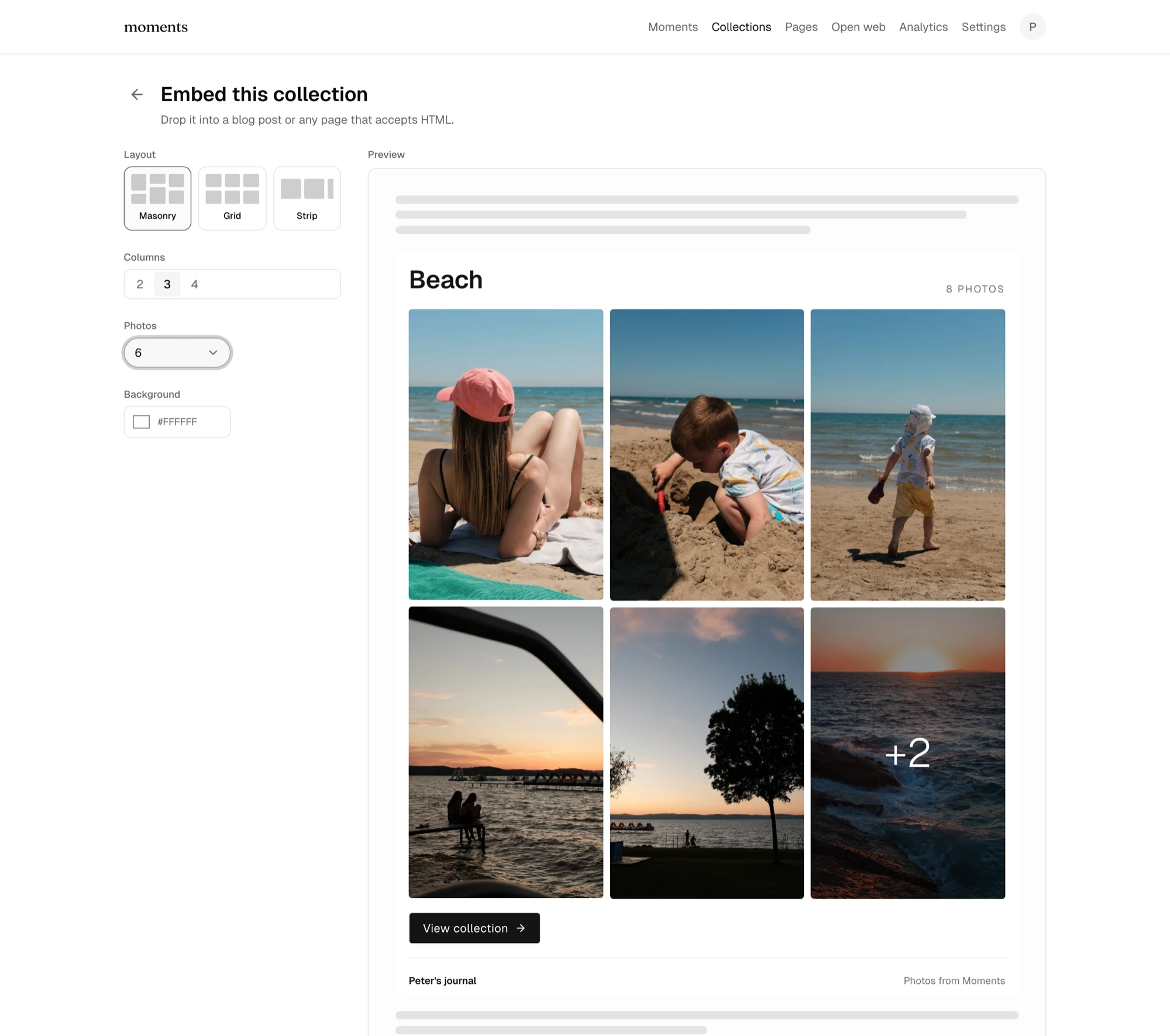 The Embed this collection editor: layout, columns, photo count, and background controls beside a live preview of a photo collection titled Beach