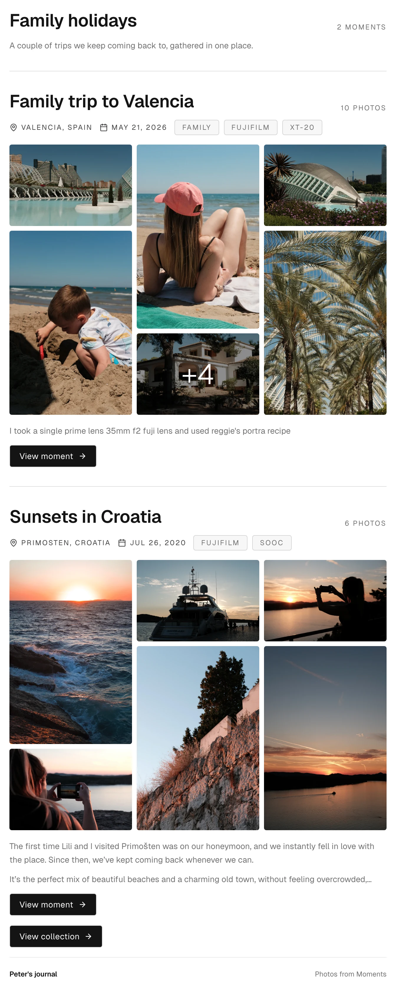 A collection of moments titled Family holidays embedded on a page, two trips rendered one after another with a View collection link at the end