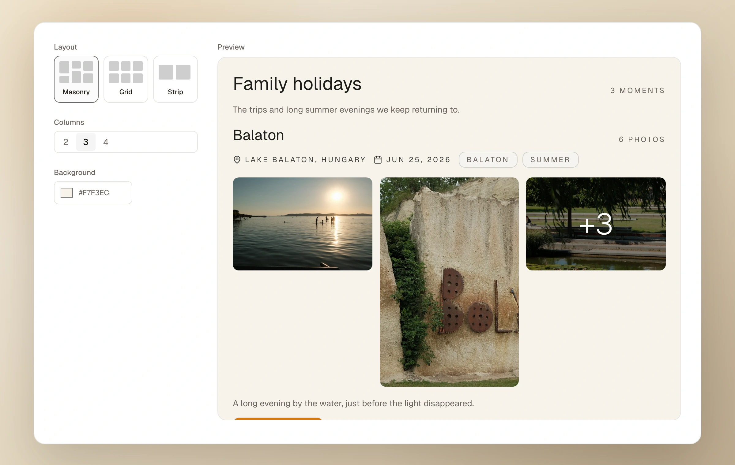 Collection embed controls beside a live preview of a Family holidays collection with a Balaton moment