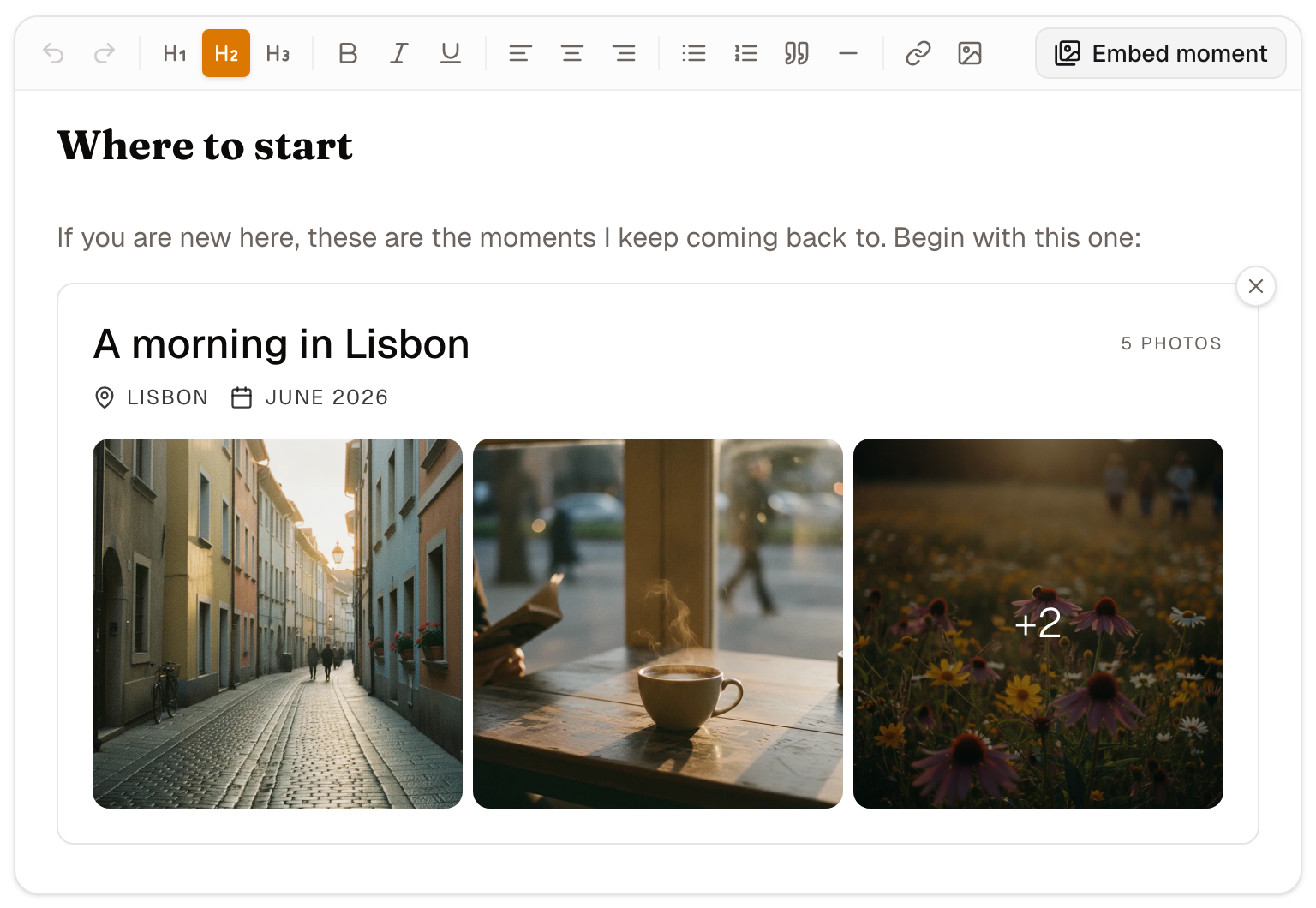 The page editor showing the Embed moment button and an inserted card
