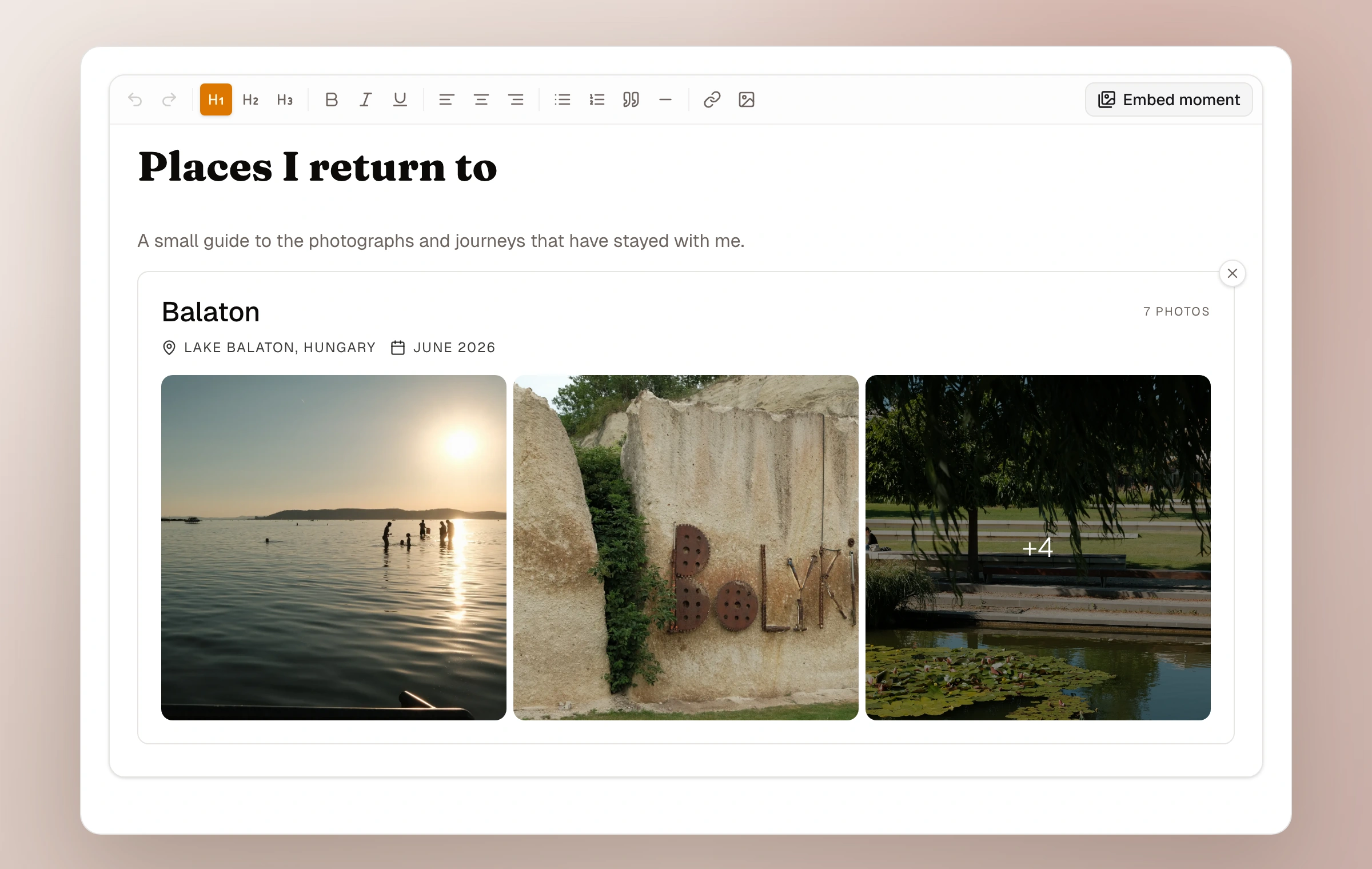The Moments page editor showing a Places I return to page with an embedded Balaton moment card