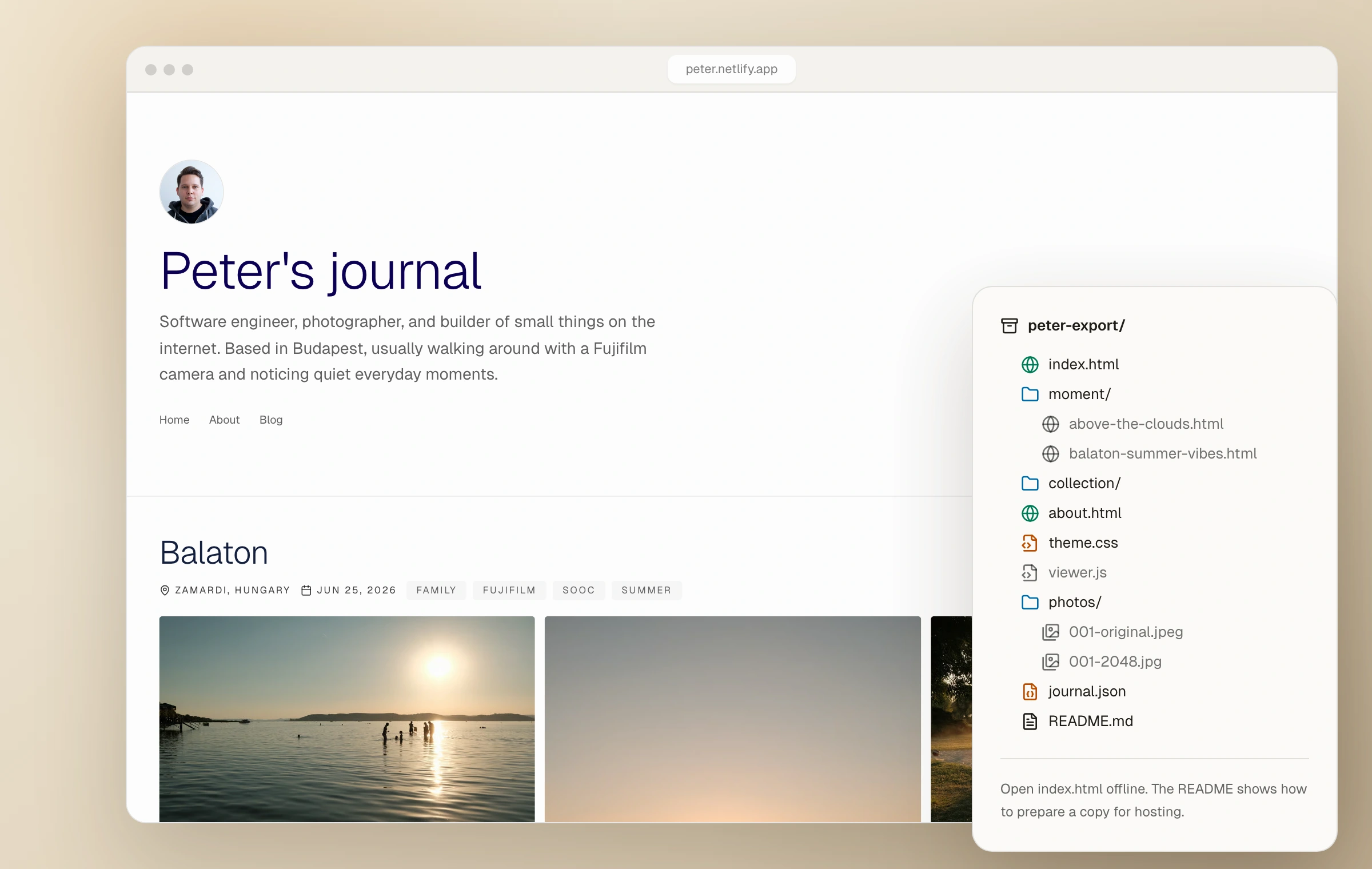 An exported journal open in a browser from a plain folder, beside the folder's contents: index.html, moment pages, theme.css, the photos and a README
