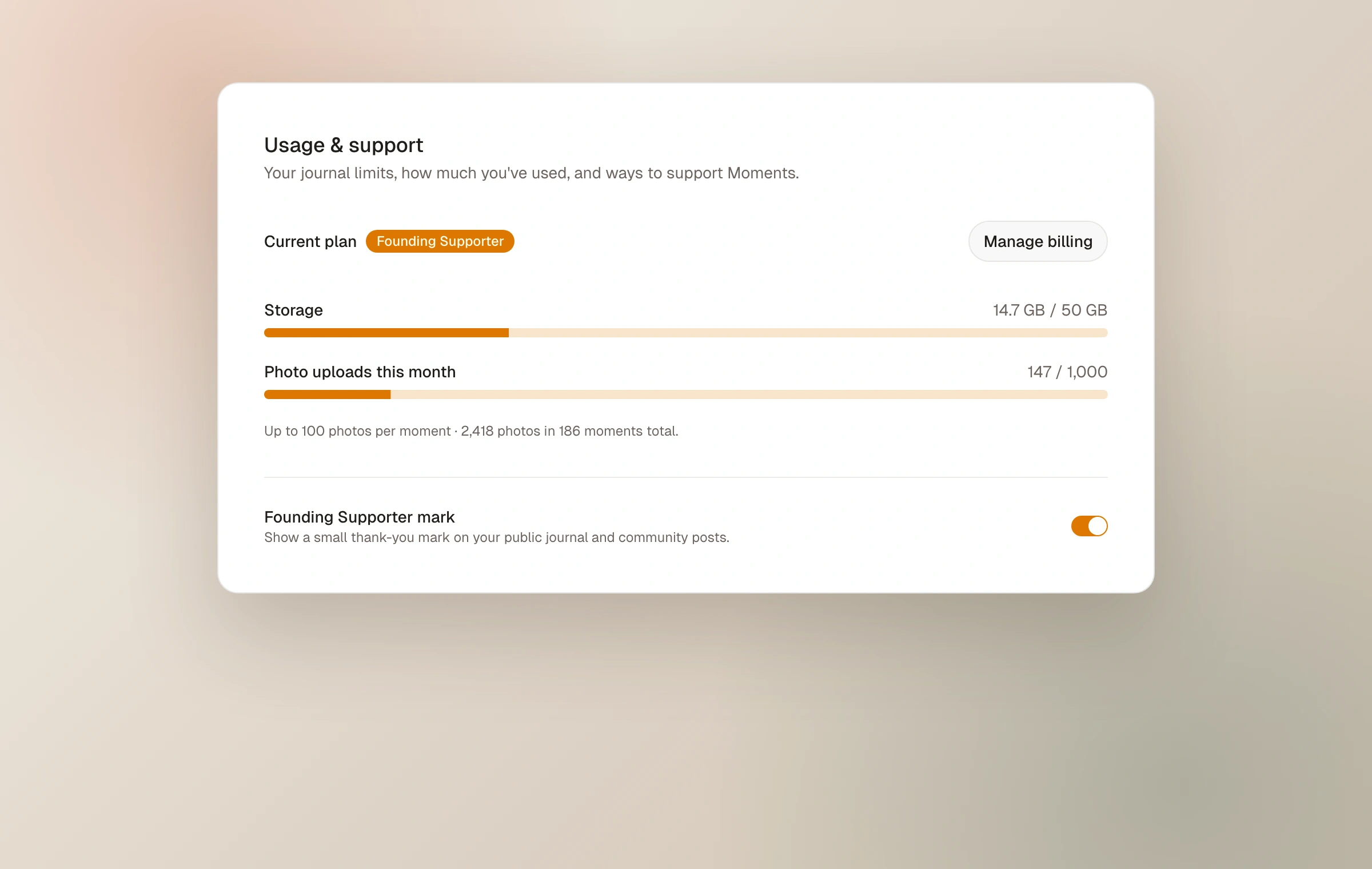 The Usage and support screen for an existing Founding Supporter, showing the legacy plan, journal usage, and optional supporter mark