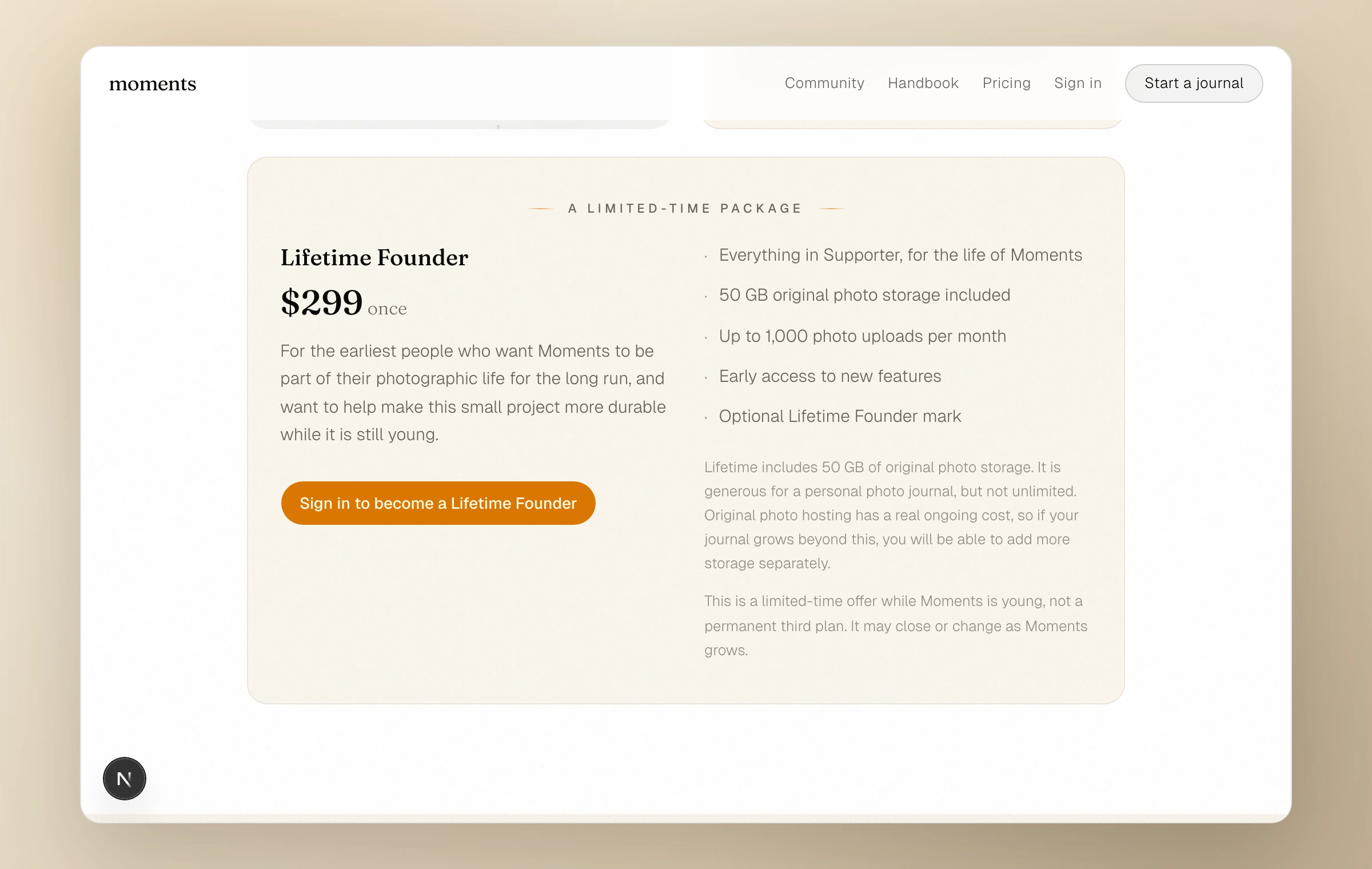 The Lifetime Founder pricing card with its one-time price, included storage, feature list, and sign-in button