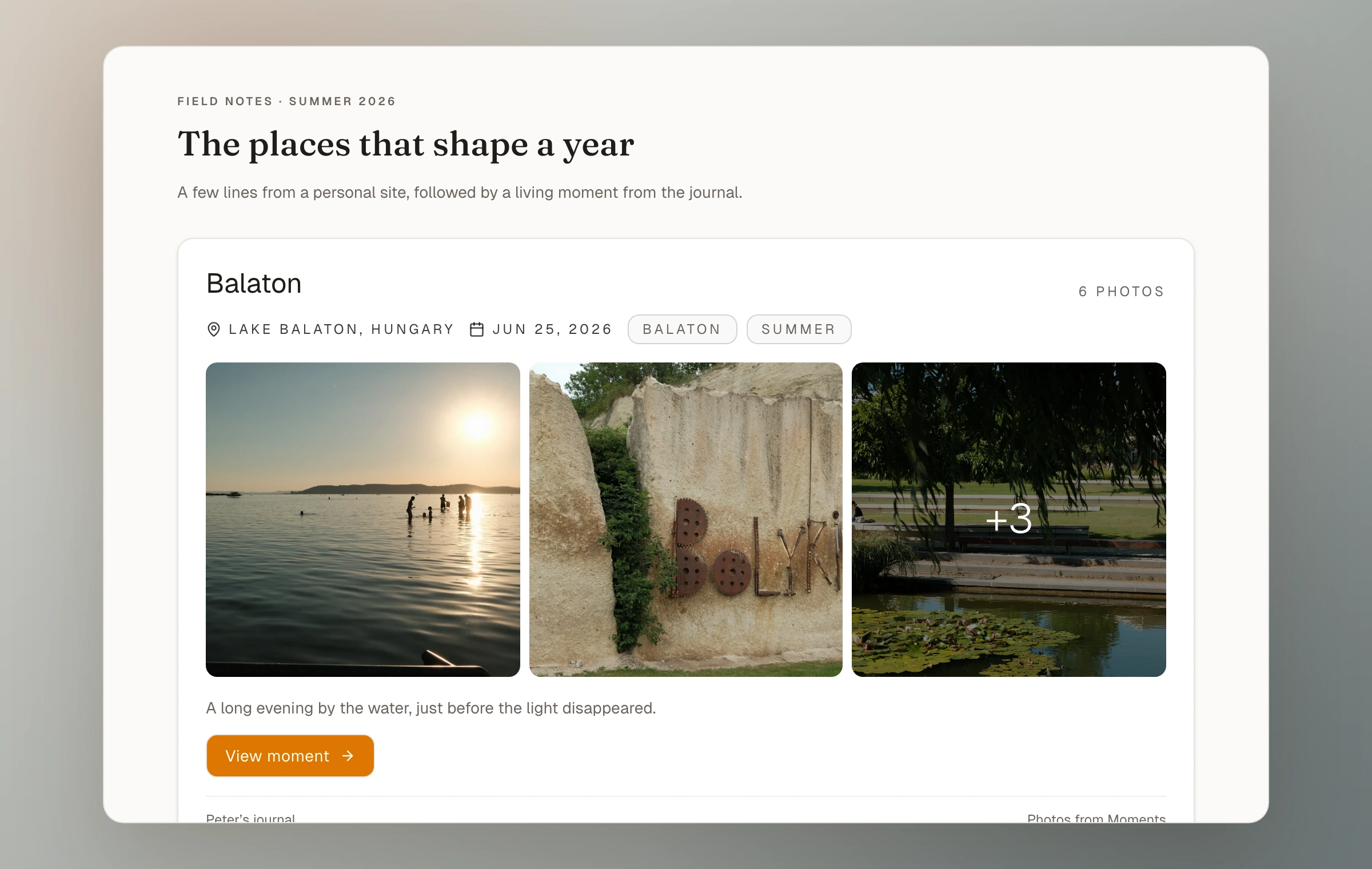 A Balaton moment embedded inside a neutral personal article, with three photographs and a link back to the moment