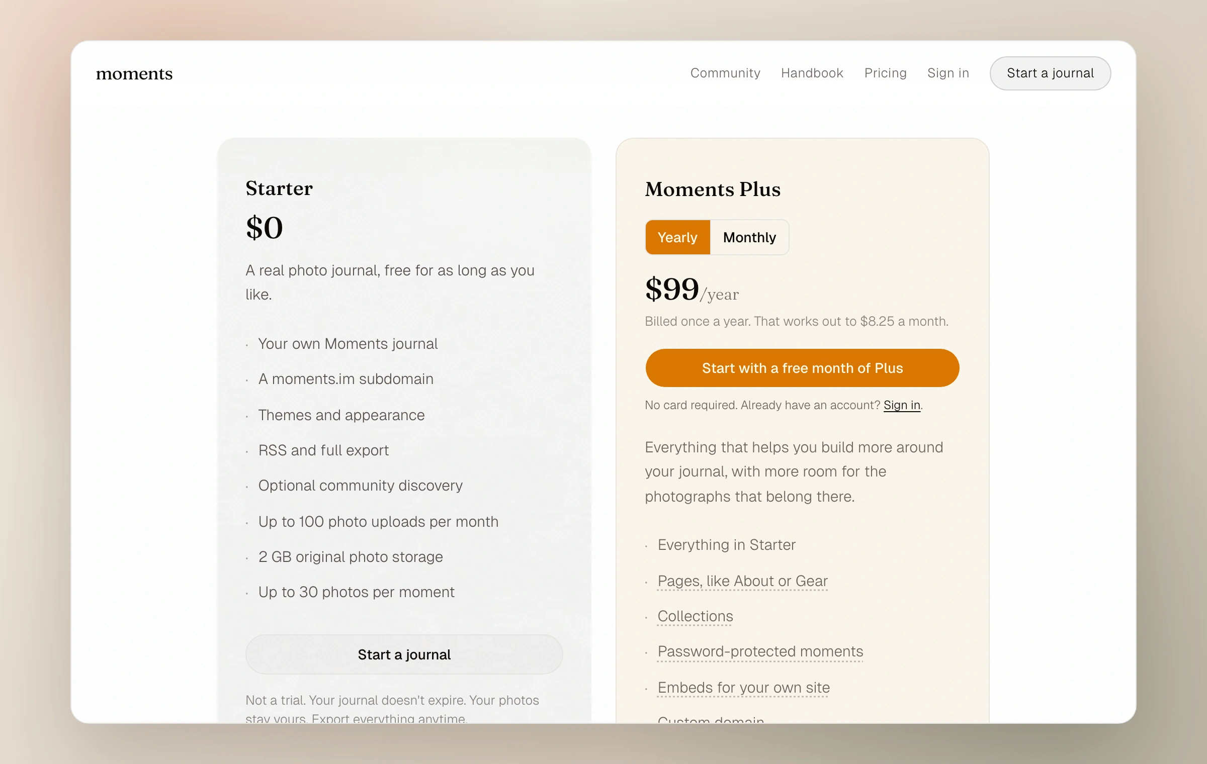 The Starter and Moments Plus pricing cards with monthly and yearly choices and the included free month