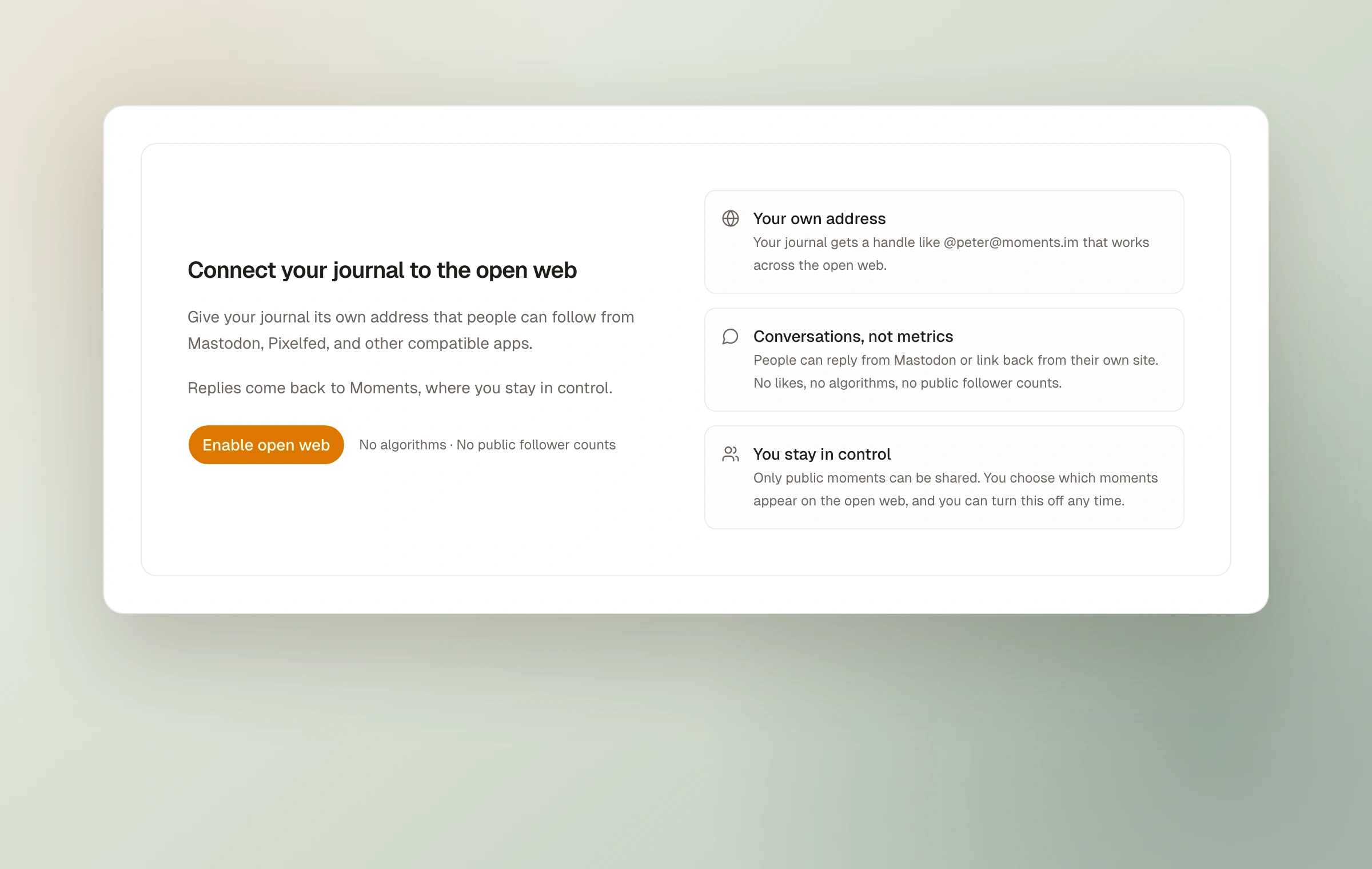 The Moments Open Web setup panel explaining the journal address, conversations without metrics, and sharing controls