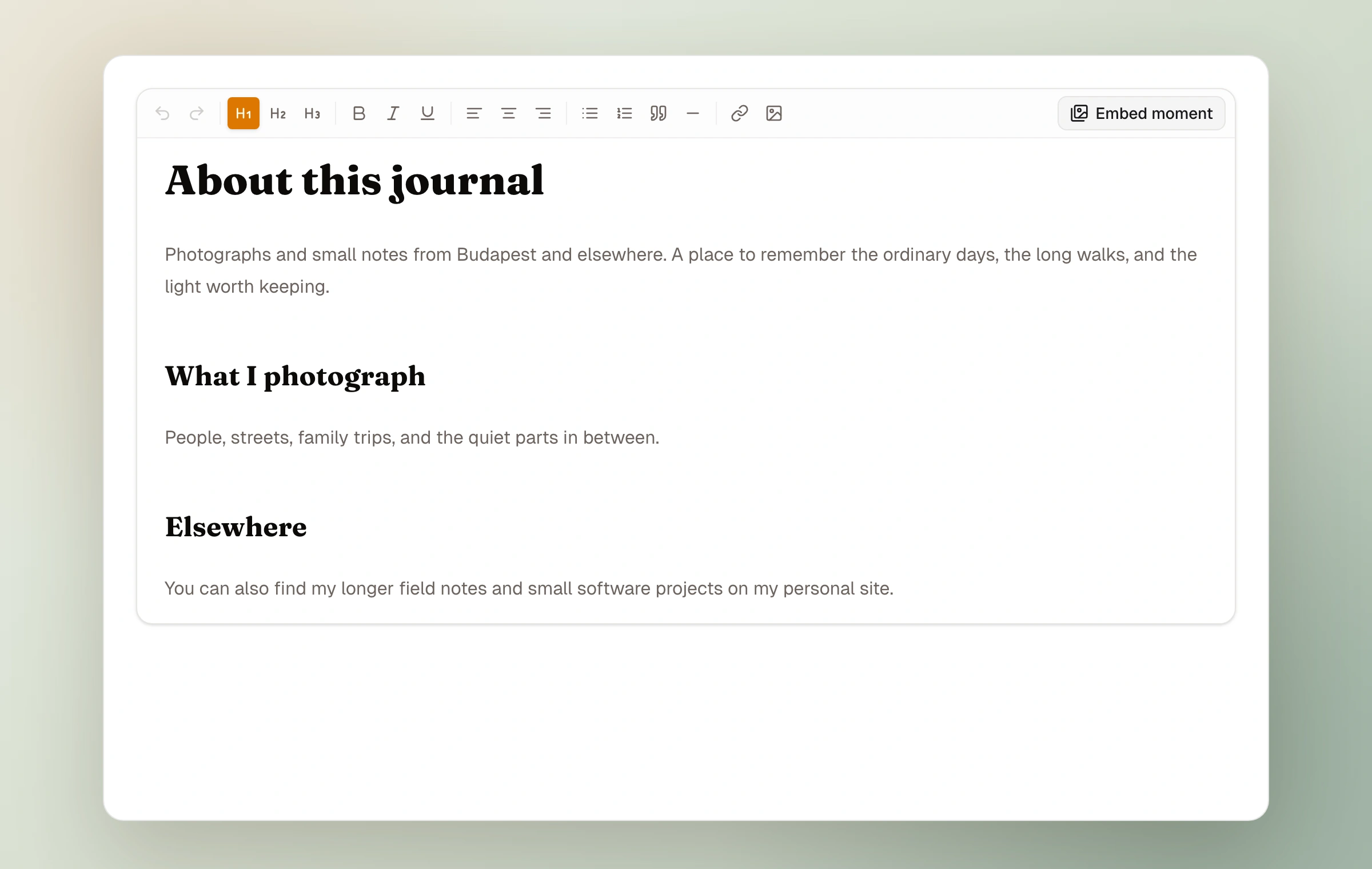 The Moments page editor with an About this journal page, formatted headings, paragraphs, and the editor toolbar