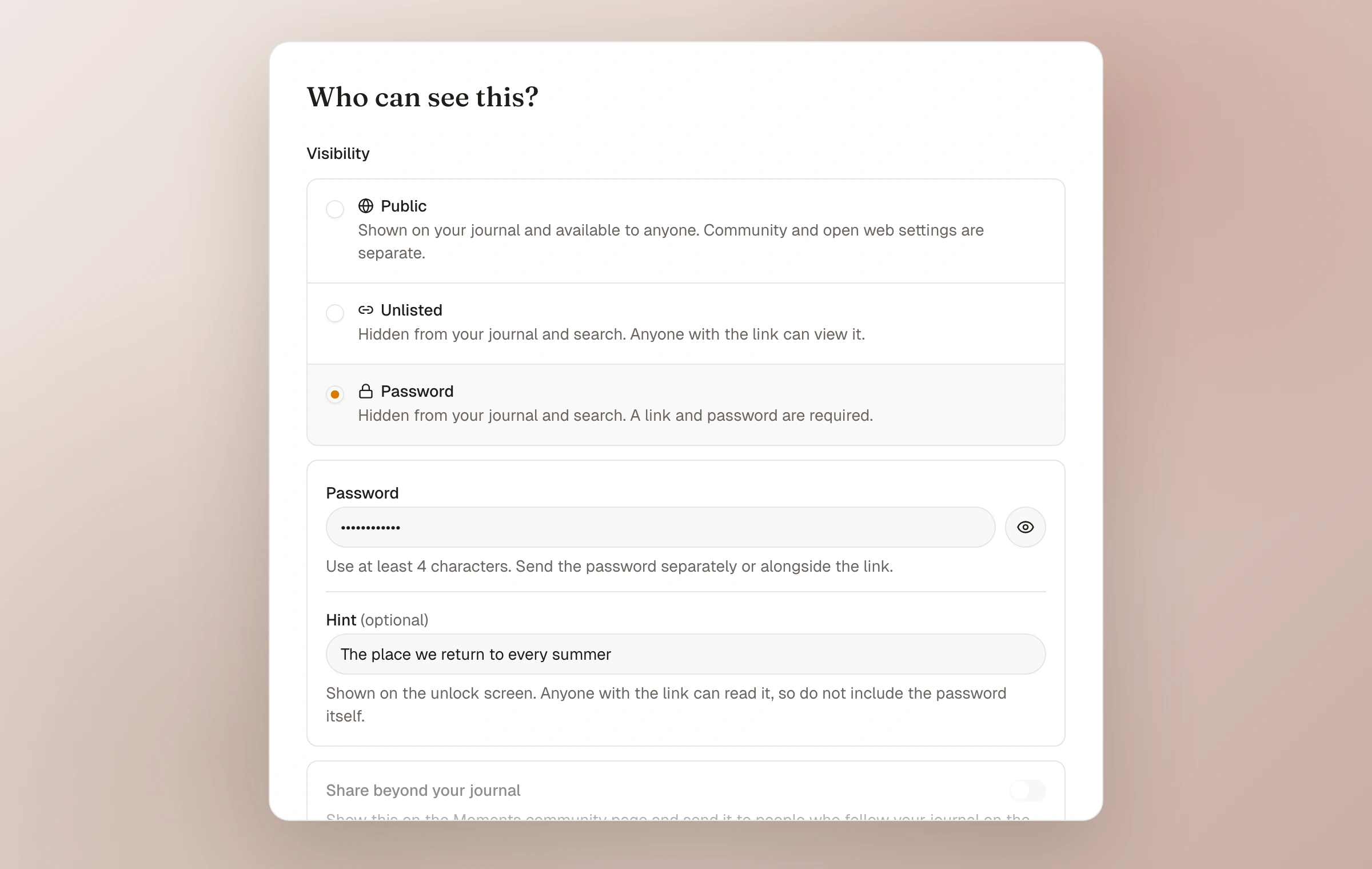 The Moments visibility controls with Password selected, including a password field and optional hint
