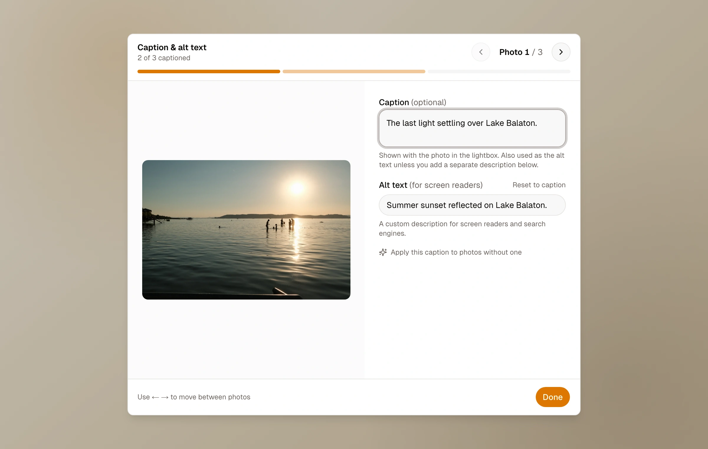 The Moments caption and alt text editor beside a large Lake Balaton photograph