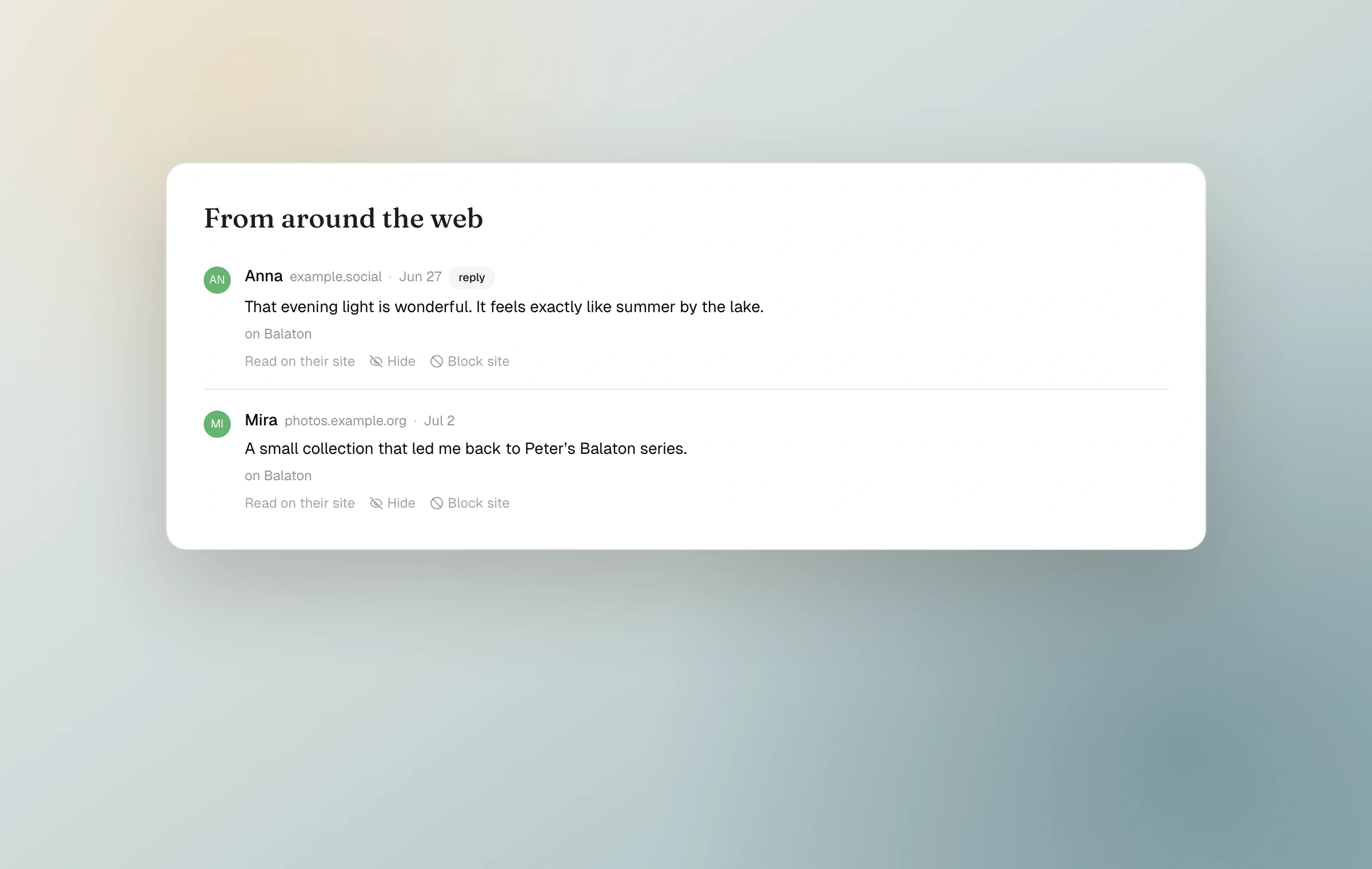 The Moments Webmentions dashboard showing a reply from Anna and a mention from Mira for a moment titled Balaton