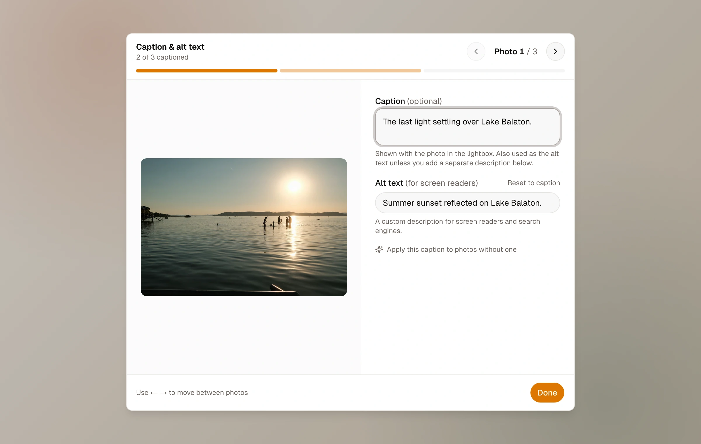 The Moments caption and alt text editor open over a photograph, with controls for moving through the set