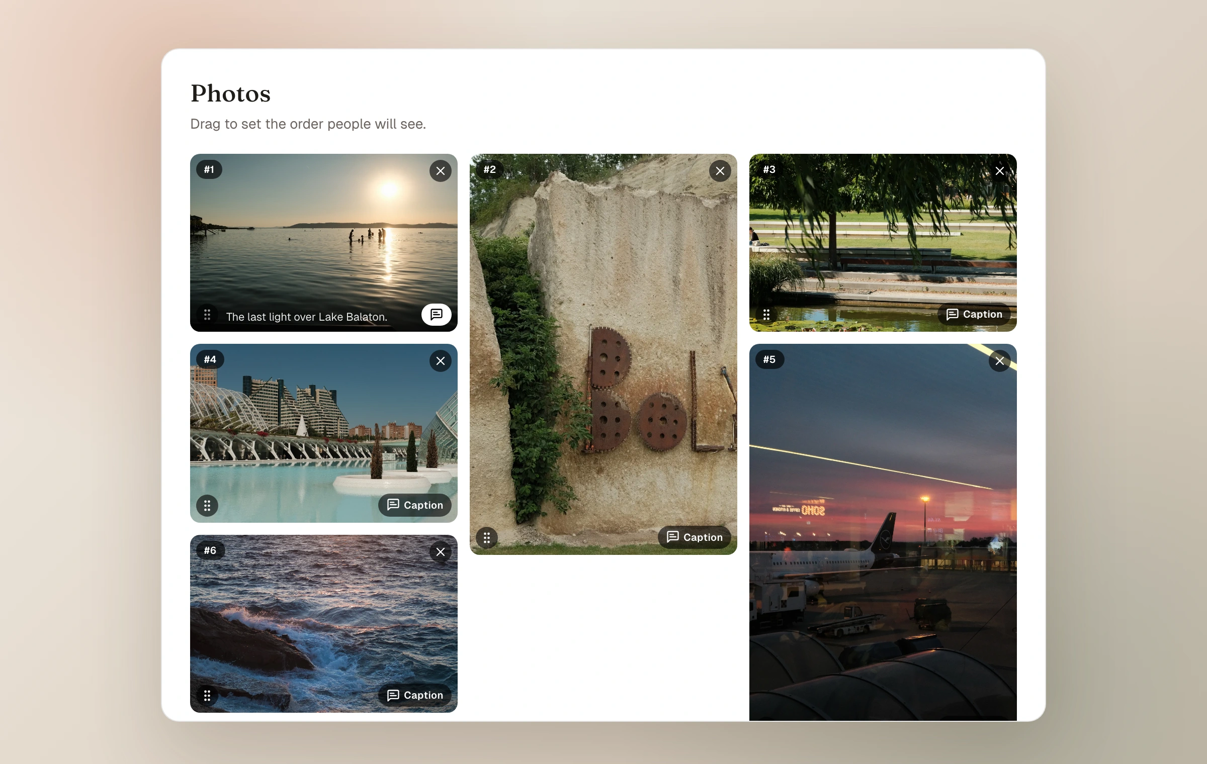 The Moments photo editor showing a real set of uploaded photographs ready to reorder