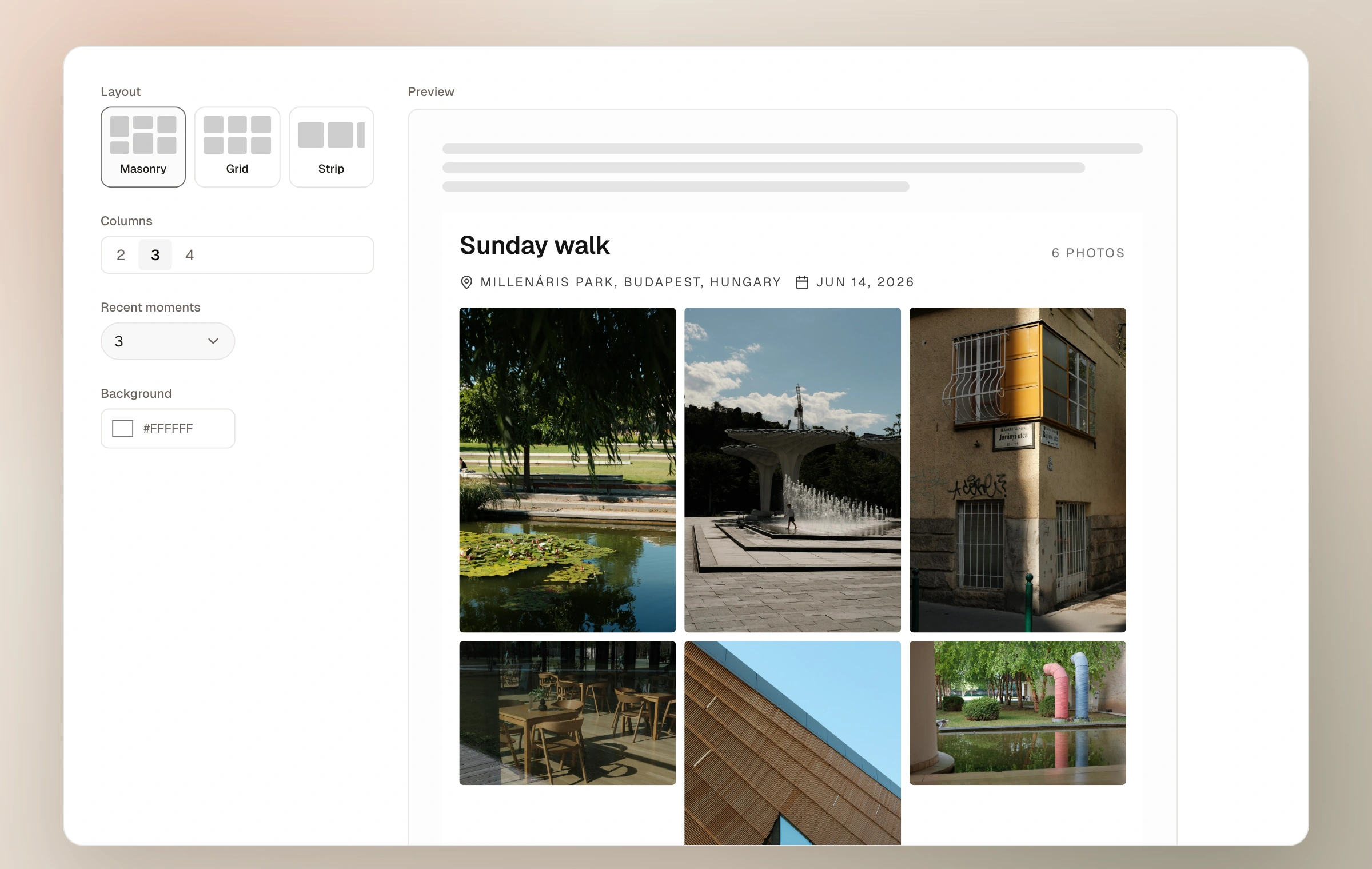 The Moments embed editor with layout, column, photo count, and background controls beside a live preview