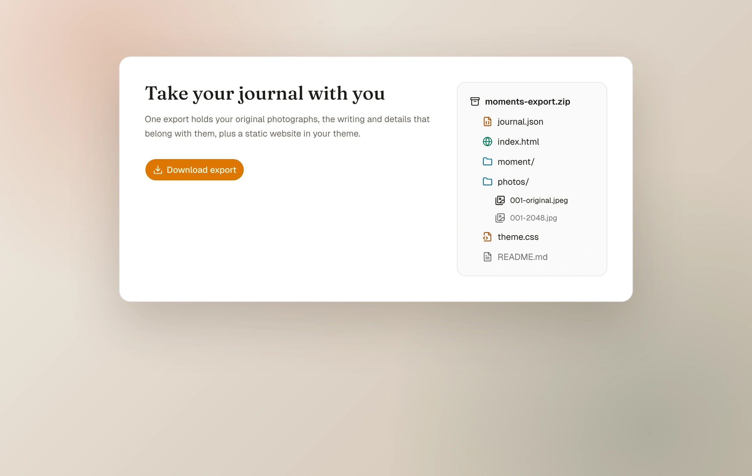 An illustrative export archive beside the real Moments Download export control