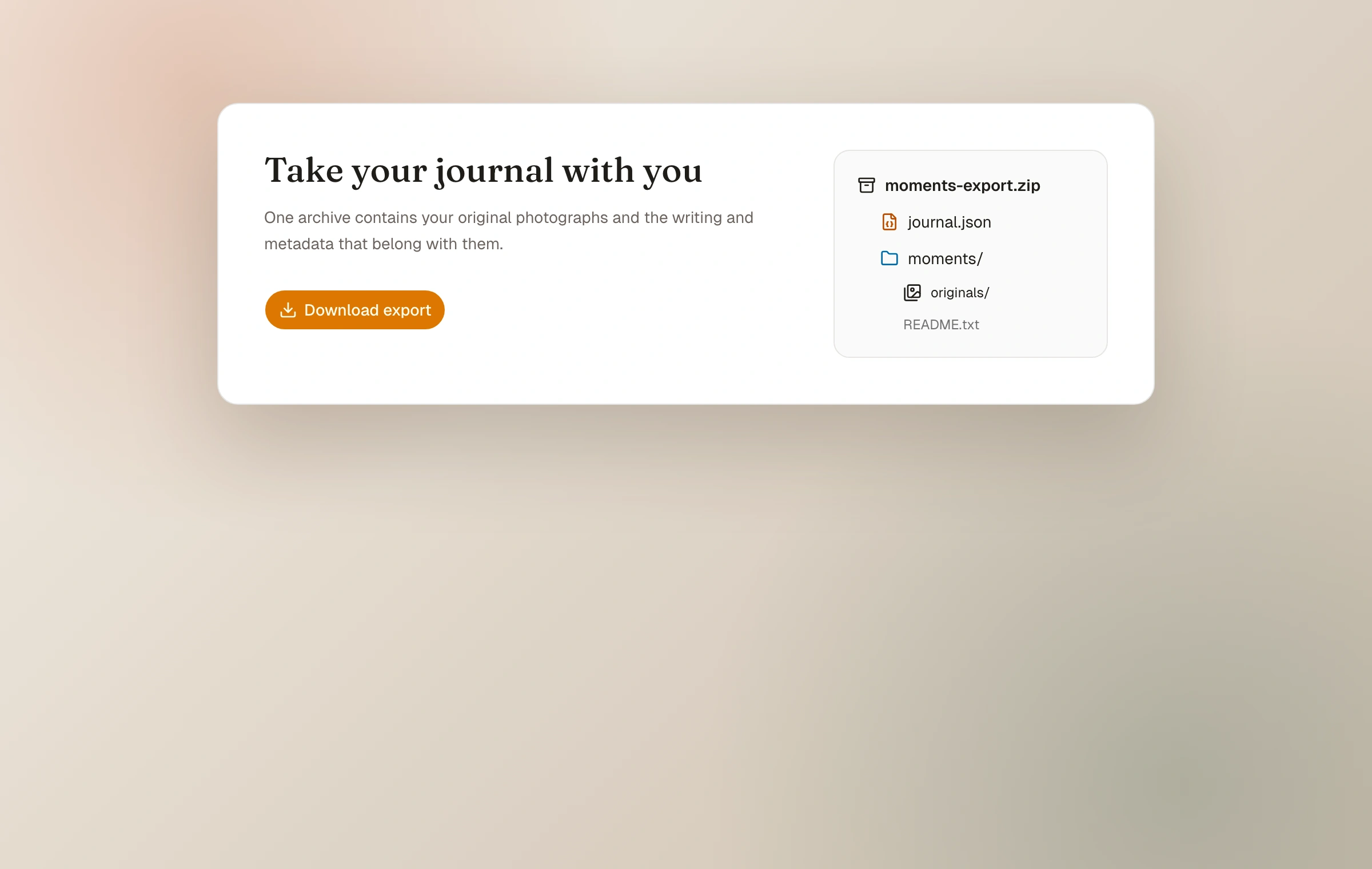 An illustrative export archive beside the real Moments Download export control