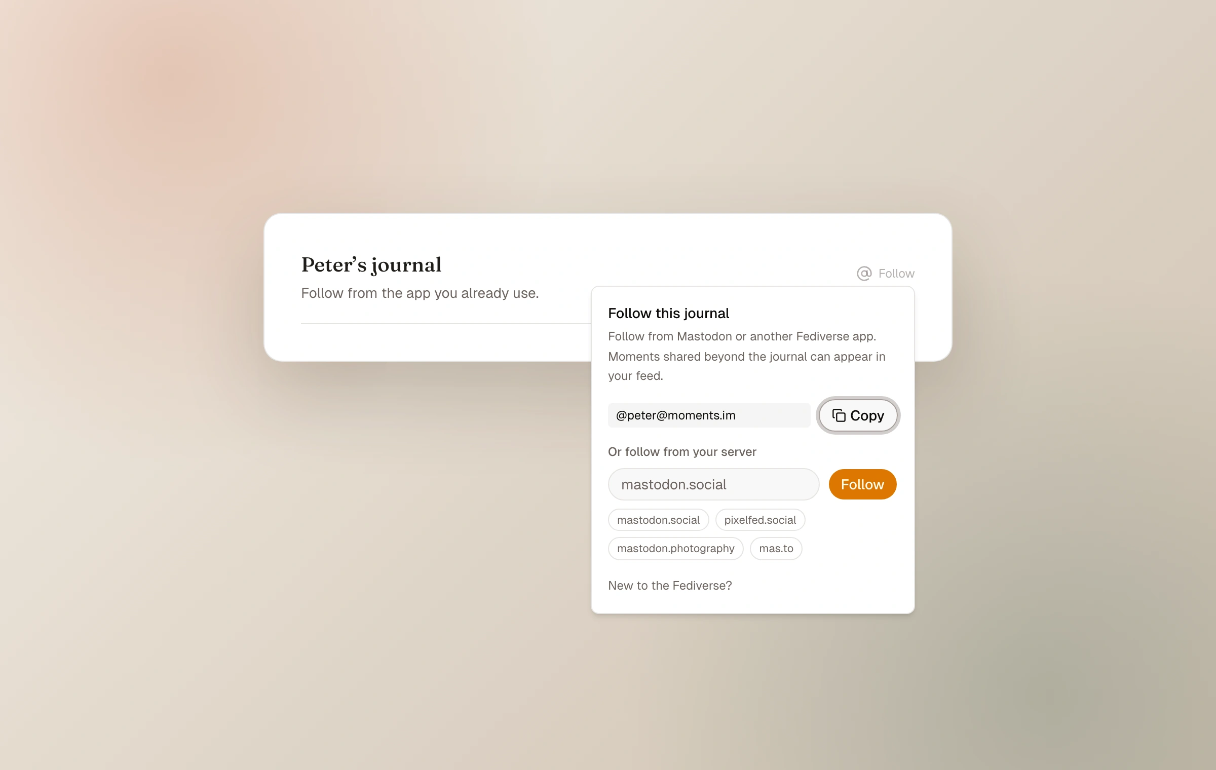 The real follow popover for Peter's journal showing its Fediverse address and instance field