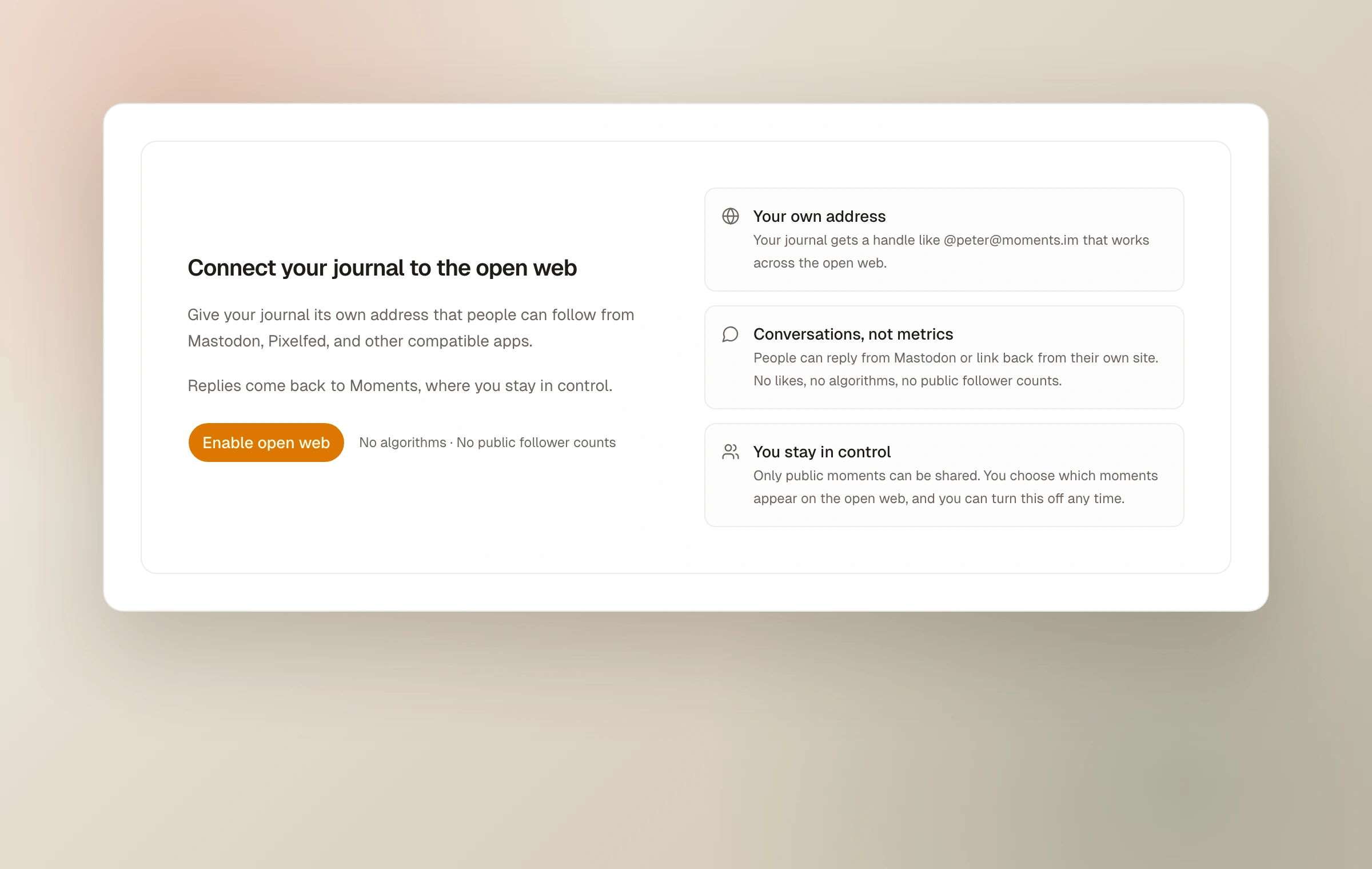 The real Moments open web introduction explaining addresses, conversation, and owner control