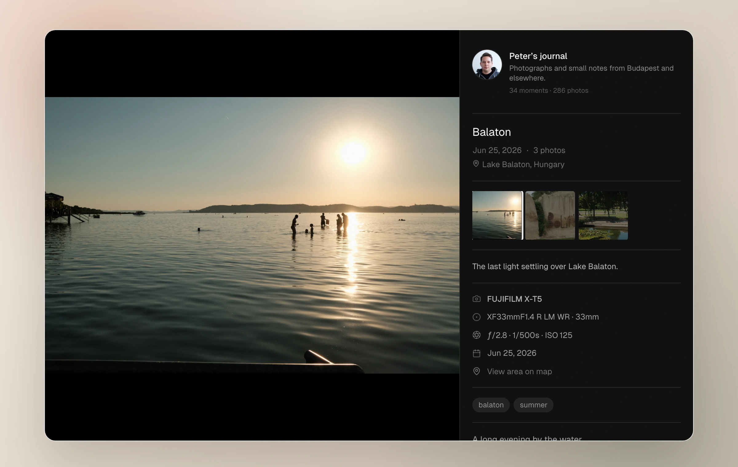 A real Moments lightbox showing a photograph beside its caption, camera, lens, exposure, date, location, and tags