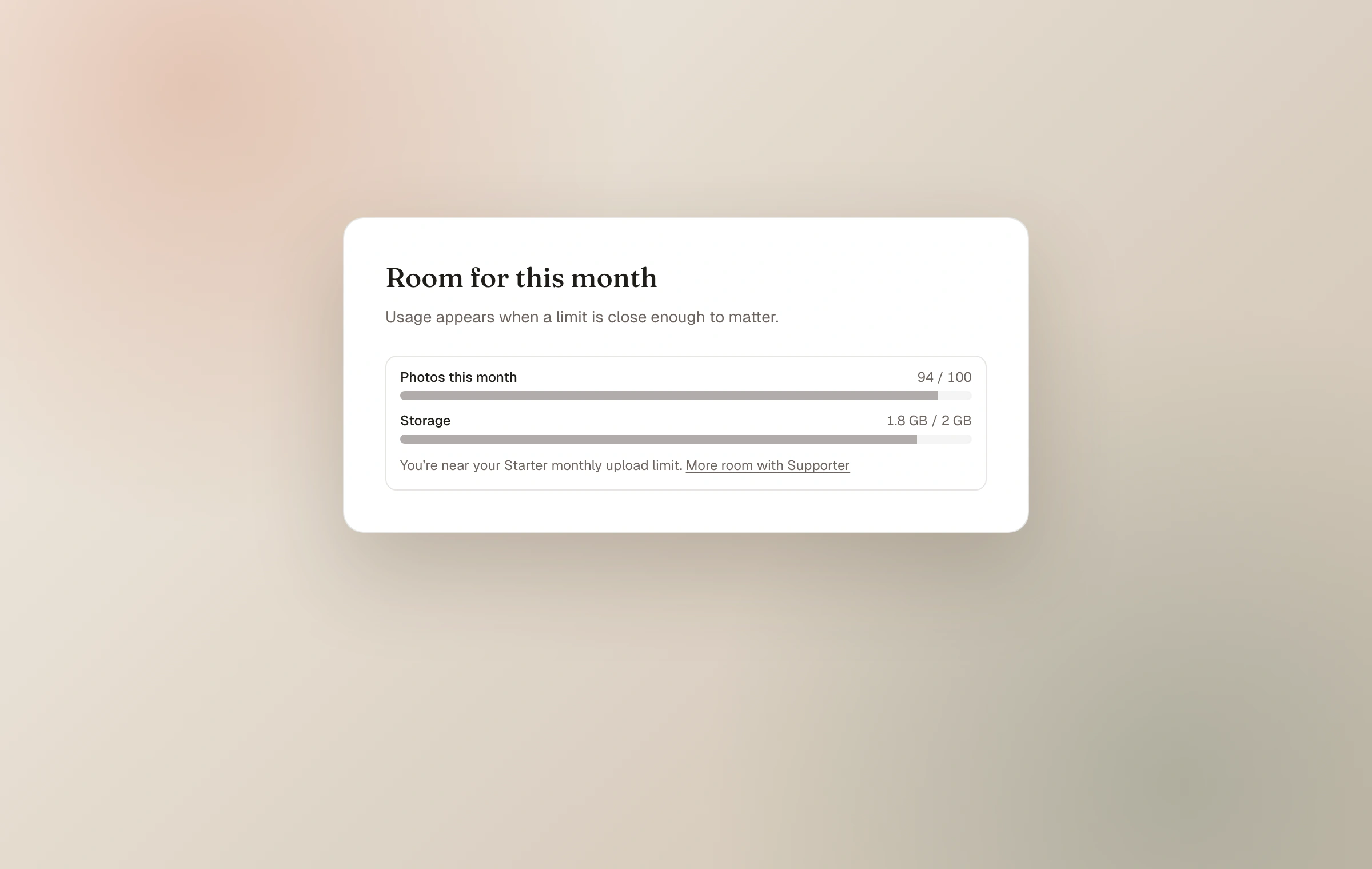 The real Moments usage meter showing a Starter journal close to its monthly upload and storage limits