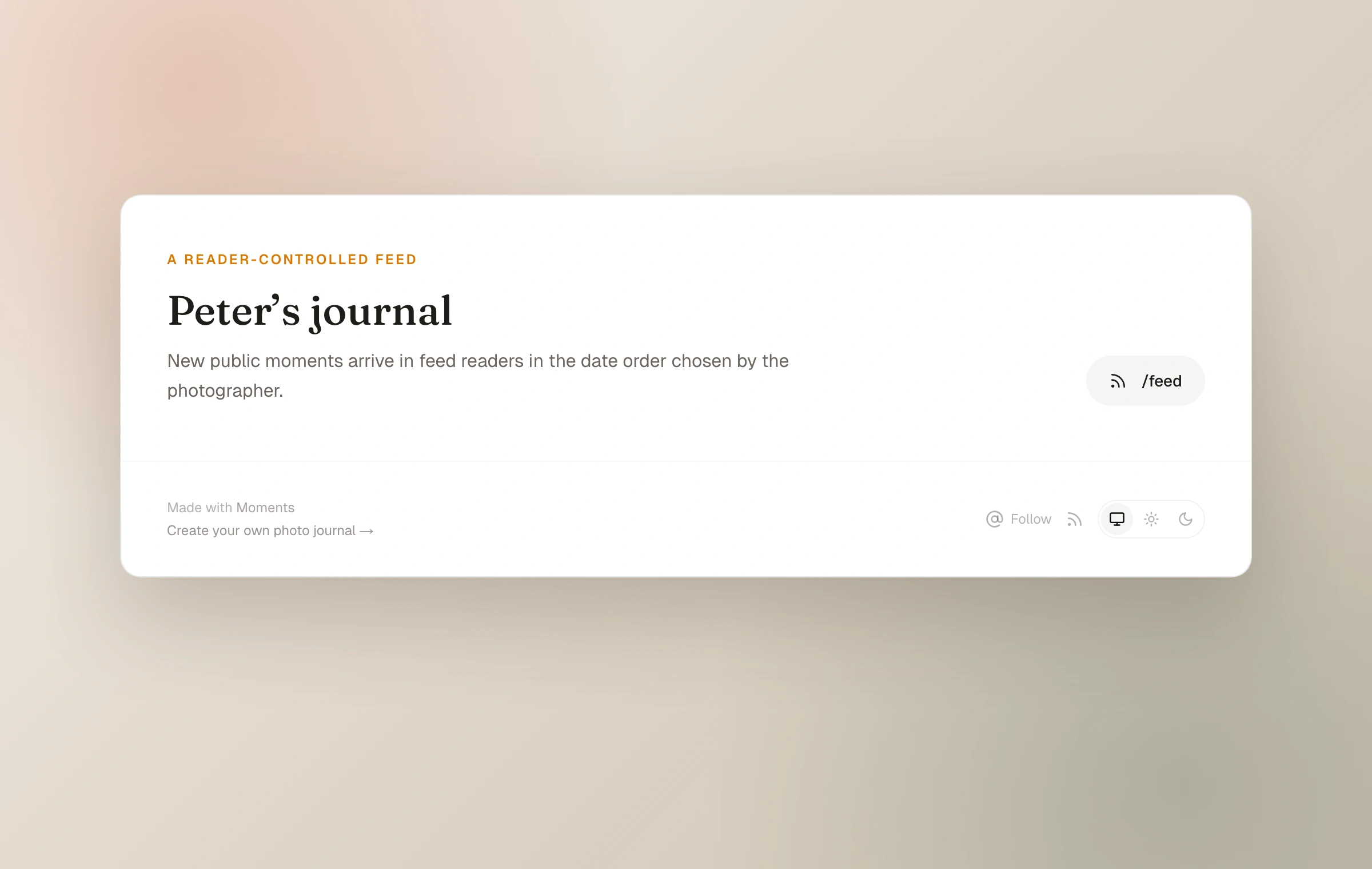 An illustrative crop of a real Moments journal footer with its RSS feed link