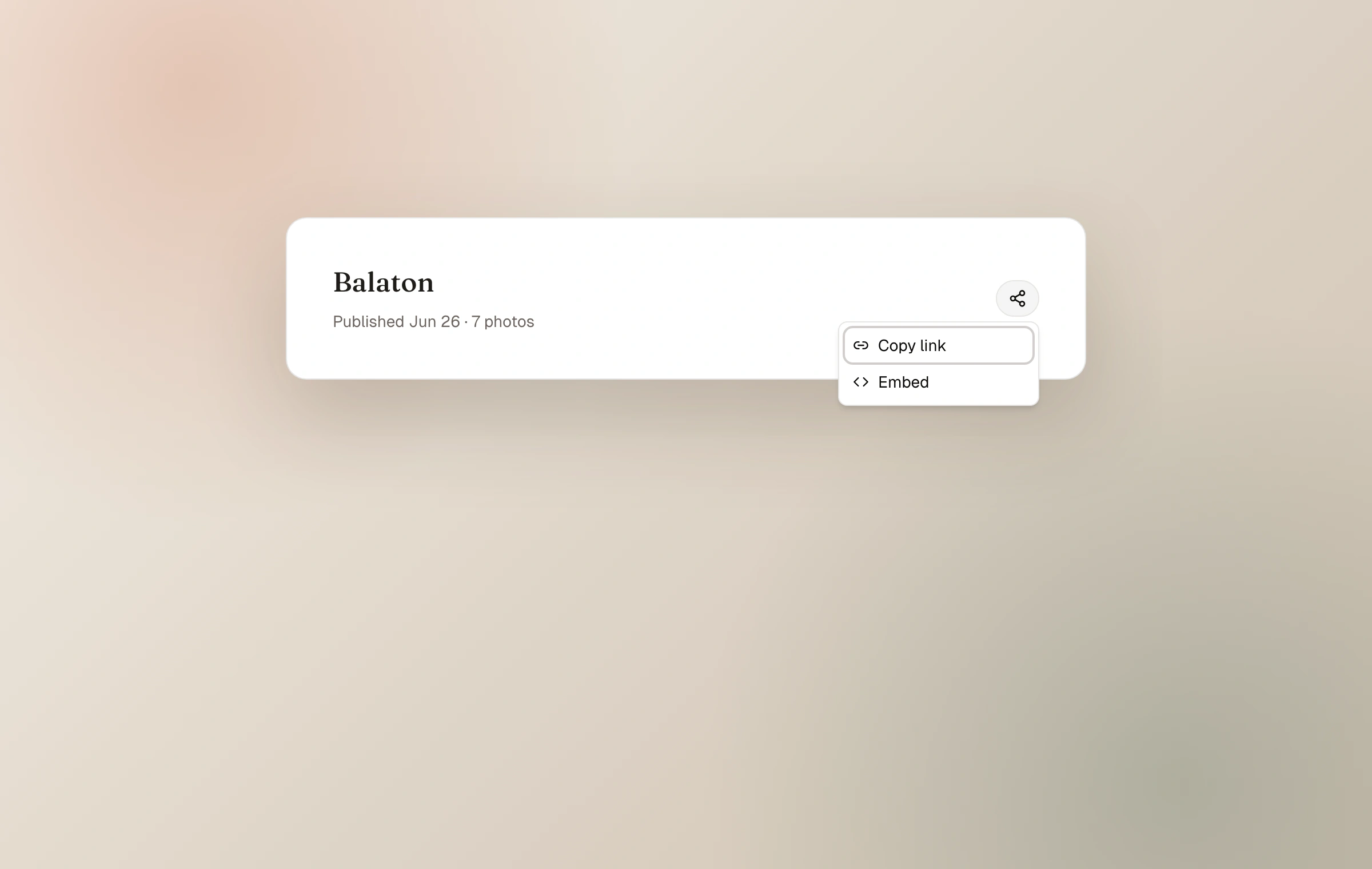 The real share control for a published Moments entry with Copy link and Embed actions
