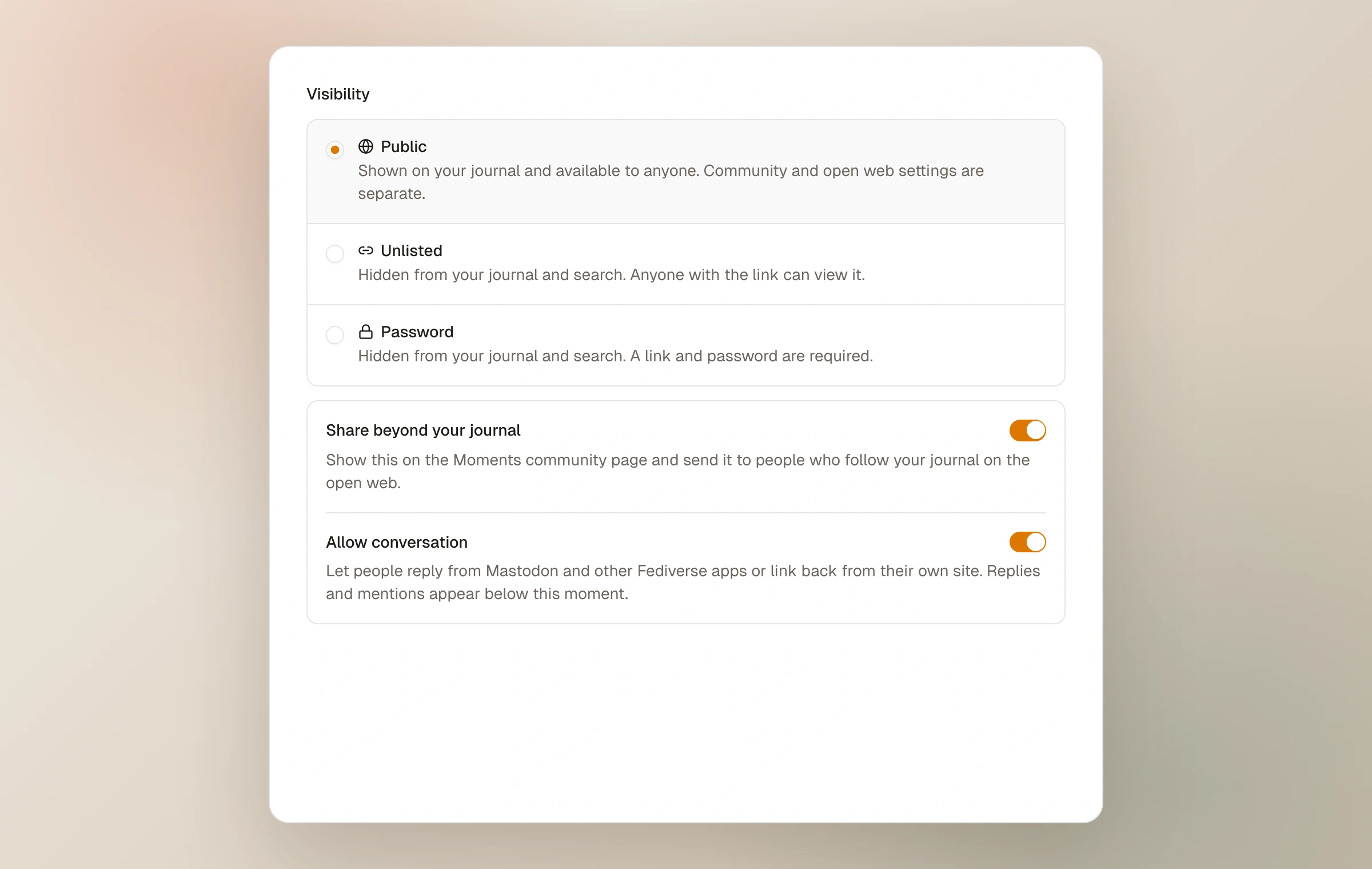 The Moments visibility controls showing Public selected with separate community and conversation choices