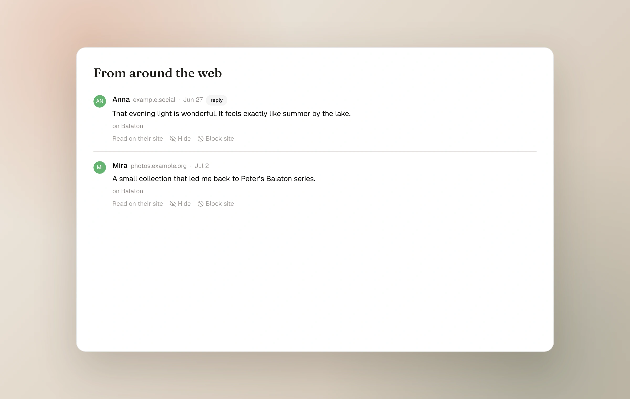 The real Moments Webmentions list showing two attributed responses from independent sites
